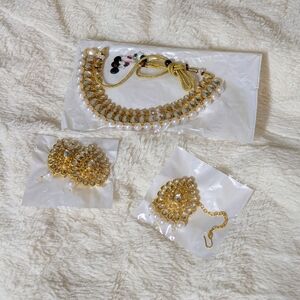 Gold-Tone Handmade Pearl And Beaded Indian Kundan Jewelry Set